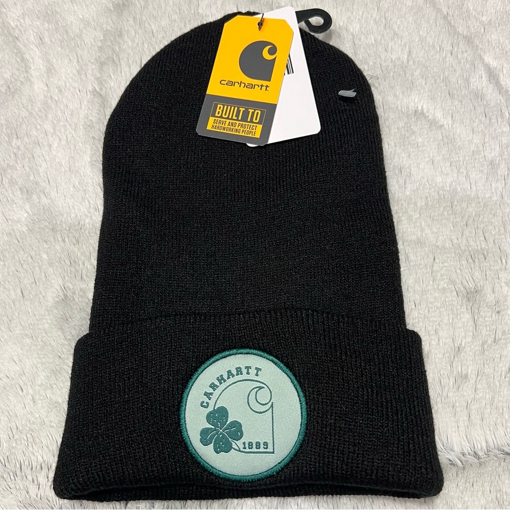 CARHARTT BLACK BEANIE LIMITED- AH5690-M- Rare Knit Shamrock Patch